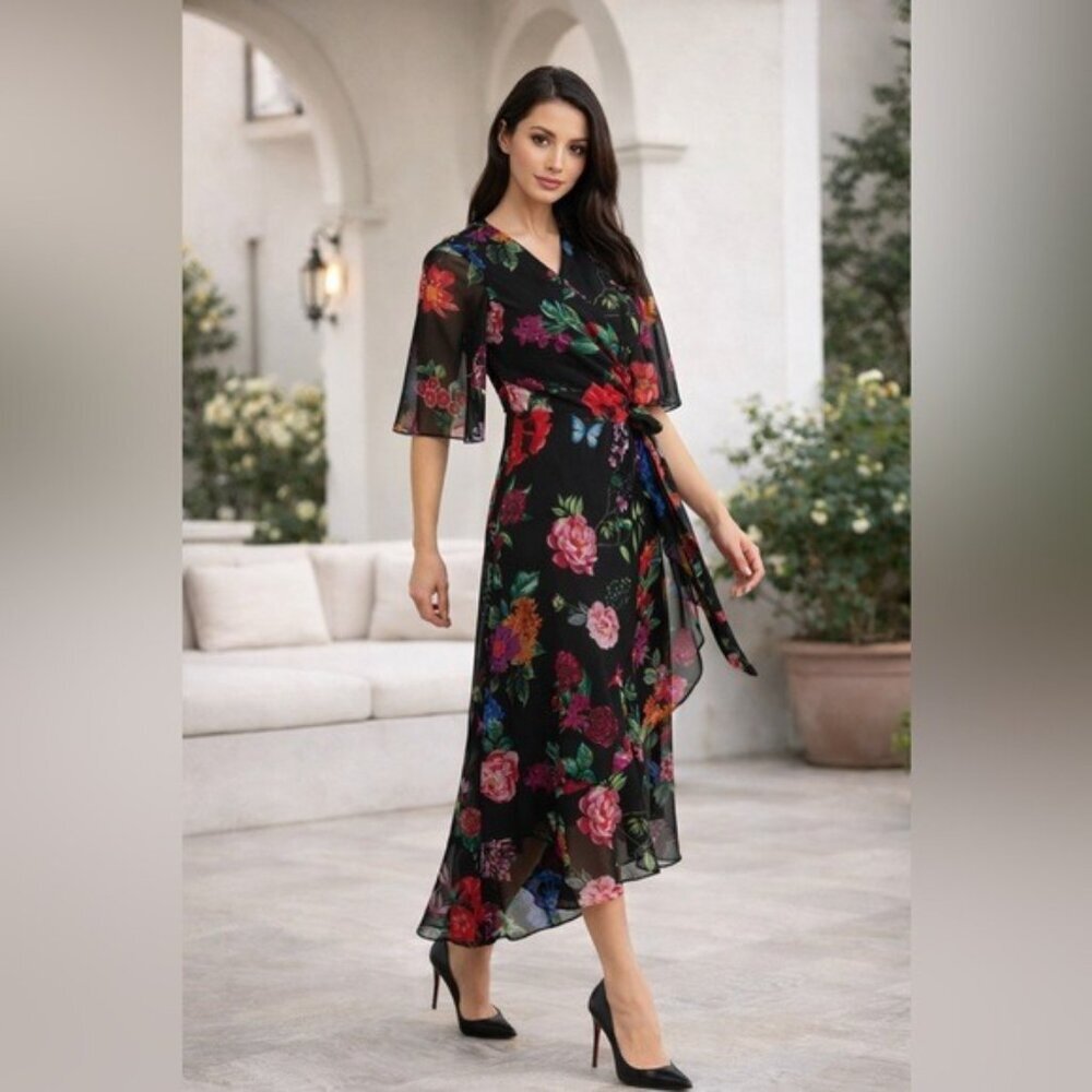 Joseph Ribkoff Floral Wrap Midi Dress Black Multicolor Size 8 Elegant Chic